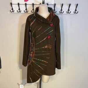 Leopards and Roses Asymmetrical Brown Jacket with Red Buttons cotton size medium